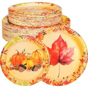 100 Pcs Fall Leaves Pumpkin Disposable Round Plates Autumn Paper Plates 9"x 7" Set Large Harvest Party Orange Maple Leaf Design Dinner Orange Paper Plaid Set for Holiday Thanksgiving Decor