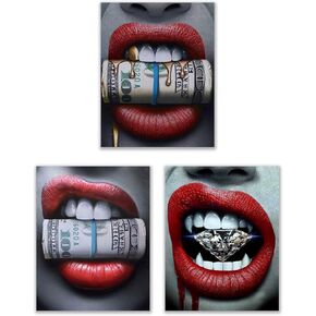 PICTURE THIS PRINTS Red Lips Photos, Set of 3, 11x14 Inch - Lipstick Art, Black and Gold Room Decor Aesthetic, Lipstick Wall Art, Unframed, Diamond Money Gold esthetic