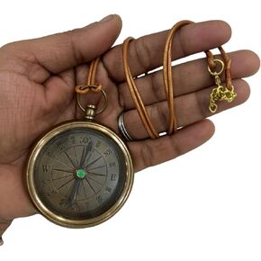 Antique Pocket Brass Compass Necklace Royal Navy Navigation Engraved Locket Leather Chord Nautical Magnetic Compass