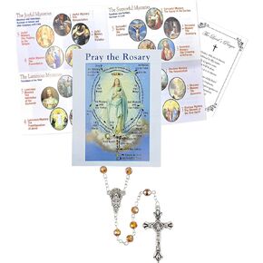 How To Pray The Rosary - Pray The Rosary Booklet, Glass Bead Topaz Rosary, Lord's Prayer Card | How To Pray The Rosary Pamphlet Set for Daily Prayers, Baptism, Communion, Confirmation | 3 Items