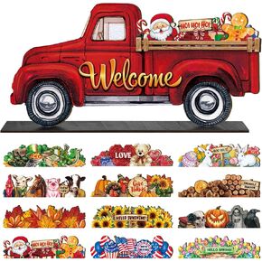 12 Pcs Interchangeable Seasonal Welcome Decor Holiday Truck Table Decor Sign with Interchangeable Icons Wooden Home Table Sign Decoration for Indoor Windowsill Shelf(Red)