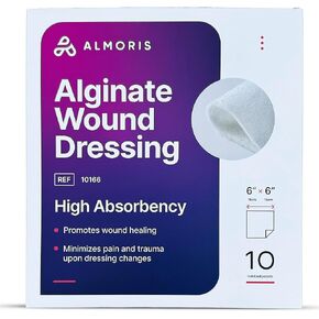 Calcium Alginate Wound Dressing 6x6 - High Absorbency Non-Stick Wound Dressing Pads for Moist Wound Care, Gel-Forming Dressings for Post-Surgical Wounds, Pressure & Diabetic Ulcers, 10 Pack