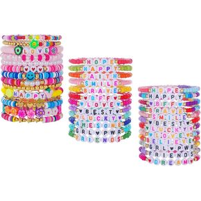 21pcs Friendship Surfer Beaded Bracelets: Heishi Clay Stackable Inspire Elastic Layering Rainbow Disc Summer Boho Beach