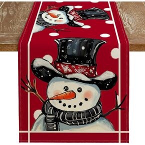 Christmas Snowman Red Table Runner 13x72 Inches, Winter Holiday Indoor Outdoor Table Decoration for Home