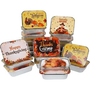MorTime 40 Pcs Thanksgiving Foil Pans with Lids, Disposable Foil Food Containers with Harvest Themed Cardboard Covers, Aluminum Foil Baking Pan Cake Pans for Cooking, Heating, Roasting