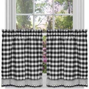 GoodGram Buffalo Check Plaid Gingham Custom Fit Farmhouse Café Styled Window Tier Curtain Treatments - Assorted Colors & Sizes (Black, 36 in. Length)