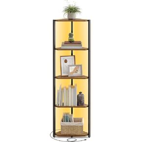 VASAGLE Corner Shelf Stand with LED Lights, 5-Tier Corner Bookshelf, Storage Shelf with Steel Frame, 9.8 x 18.9 x 57.7 Inches, for Living Room, Bedroom, Study, Rustic Brown ULBC590K01