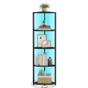 VASAGLE Corner Shelf Stand with LED Lights, 5-Tier Corner Bookshelf, Storage Shelf with Steel Frame, 9.8 x 18.9 x 57.7 Inches, for Living Room, Bedroom, Study, Rustic Brown ULBC590K01