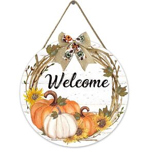 Thanksgiving Door Sign - Fall Welcome Sign - Autumn Pumpkin Wood Door Hanging Sign - for Fall Thanksgiving Front Door Porch Home Indoor Outdoor Decor 12 Inch