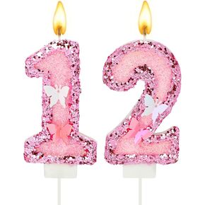 Birthday Numbers 12 Candles, Pink Sequin Wedding Numbers Candle Flashing Butterfly Birthday Cake Toppers for Girls Women Anniversary Celebration Party Decorations