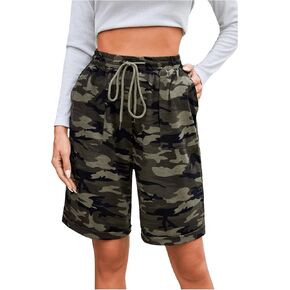 Women's Camo Print Drawstring Waist Shorts Casual Wide Leg Bermuda Shorts Track Shorts with Pocket