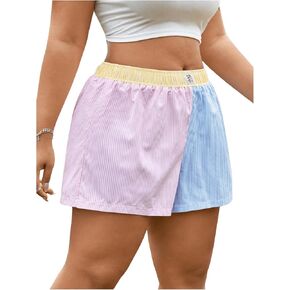 WDIRARA Women's Plus Size Color Block Striped Shorts High Elastic Waist Track Shorts