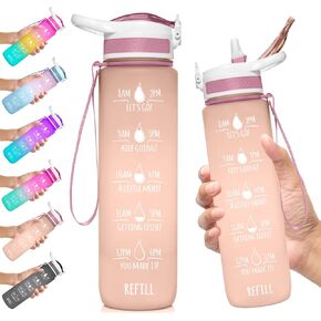NatureWorks HydroMATE 32 oz Water Bottle with Time Markings Hourly BPA Free Reusable Leak Proof with Straw and Carrying Strap 1 Liter