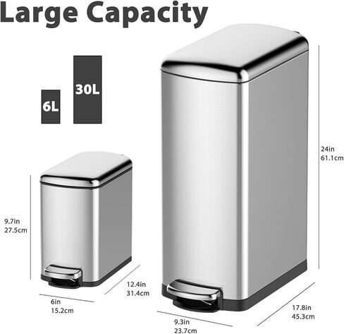 GAOMON Kitchen Trash Can Set, 7.92 Gal & 1.59 Gal Stainless Steel Waste Bins, Soft-Close Lid, Step-on Garbage Bin for Kitchen, Office, Bathroom in Saudi Arabia