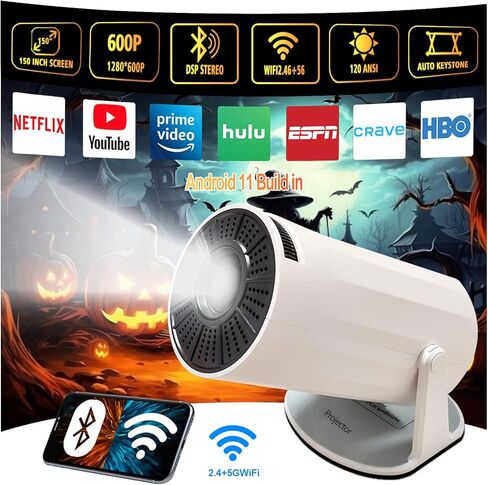 جهاز عرض محمول HY300 4K مع واي فاي وبلوتوث أندرويد 11 لدعم 1080 بكسل، جهاز عرض ذكي صغير بروجكتور 4K تصحيح الانحراف التلقائي للهاتف/عصا التلفزيون/الكمبيوتر المحمول in Kuwait