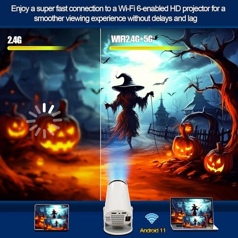 جهاز عرض محمول HY300 4K مع واي فاي وبلوتوث أندرويد 11 لدعم 1080 بكسل، جهاز عرض ذكي صغير بروجكتور 4K تصحيح الانحراف التلقائي للهاتف/عصا التلفزيون/الكمبيوتر المحمول in Kuwait