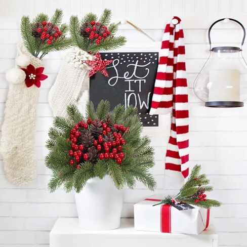 4pcs Artificial Christmas Picks Pine Branches Picks Spray with Red Berry Stem Pine Cones for Crafts Christmas Floral Arrangement Christmas Tree Ornaments Winter Holiday Season Decor in Saudi Arabia