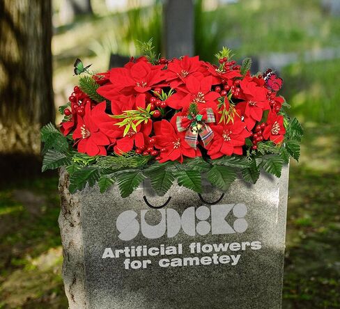 سرج زهور مقبرة عيد الميلاد لتزيين القبر، سرج زهرة البونسيتة الحمراء الاصطناعية لعيد الميلاد، وترتيبات شاهد القبر in Kuwait