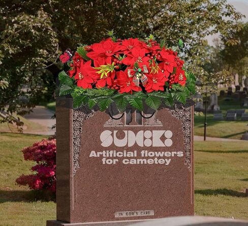 سرج زهور مقبرة عيد الميلاد لتزيين القبر، سرج زهرة البونسيتة الحمراء الاصطناعية لعيد الميلاد، وترتيبات شاهد القبر in Kuwait