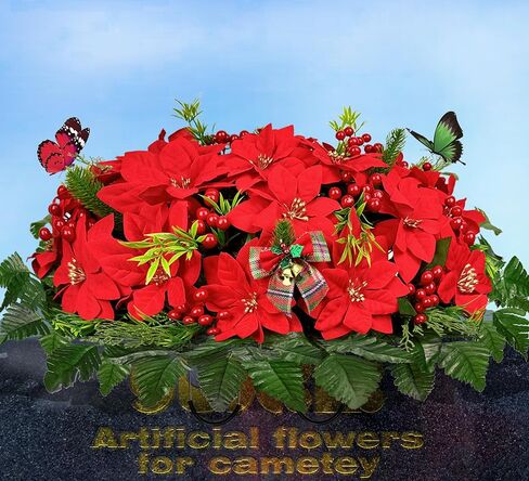 سرج زهور مقبرة عيد الميلاد لتزيين القبر، سرج زهرة البونسيتة الحمراء الاصطناعية لعيد الميلاد، وترتيبات شاهد القبر in Kuwait