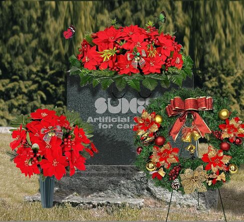 سرج زهور مقبرة عيد الميلاد لتزيين القبر، سرج زهرة البونسيتة الحمراء الاصطناعية لعيد الميلاد، وترتيبات شاهد القبر in Kuwait