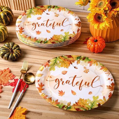 Tioncy 50 Pcs Thanksgiving Plates Thanksgiving Dinnerware 10'' x 12'' Fall Leaves Oval Plates Disposable Dinner Plates Bulk Fall Decoration Gift Disposable Paper Plates Set for Autumn Birthday Party in Kuwait