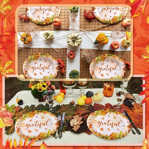Tioncy 50 Pcs Thanksgiving Plates Thanksgiving Dinnerware 10'' x 12'' Fall Leaves Oval Plates Disposable Dinner Plates Bulk Fall Decoration Gift Disposable Paper Plates Set for Autumn Birthday Party in Kuwait