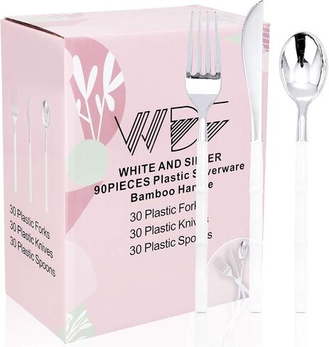 WDF 90 قطعة من أدوات المائدة البلاستيكية الذهبية - أدوات مائدة بلاستيكية ذهبية بمقبض أبيض - أدوات فضية بلاستيكية شديدة التحمل لعيد الشكر تتضمن 30 شوكة و30 ملعقة و30 سكاكين لعيد الشكر in Saudi Arabia
