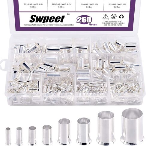 Swpeet 260Pcs 8 Sizes Wire Copper Crimp Fitting Ferrules Assortment Kit, 12 10 8 6 4 2 1/0 2/0 Wire Ferrule Tinned Copper Crimp Connector Electrical Cable Pin Cord End Terminal for Electric Connectors in Saudi Arabia