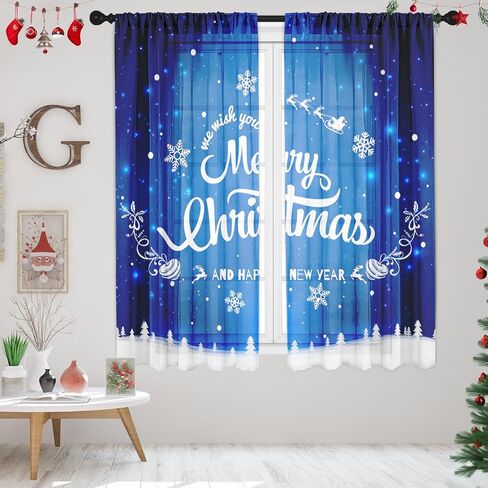 Christmas Curtains, Christmas Snow Blue Sheer Curtains, Winter Rod Pocket Drapes for Living Room, Kitchen, Bedroom, Window Treatments Semi Crinkle Curtain Panels,42"x 63",2 Panels in Saudi Arabia