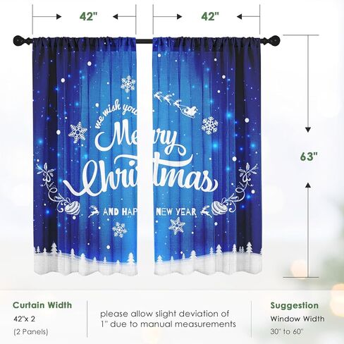 Christmas Curtains, Christmas Snow Blue Sheer Curtains, Winter Rod Pocket Drapes for Living Room, Kitchen, Bedroom, Window Treatments Semi Crinkle Curtain Panels,42"x 63",2 Panels in Saudi Arabia