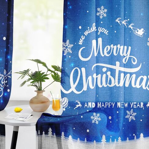Christmas Curtains, Christmas Snow Blue Sheer Curtains, Winter Rod Pocket Drapes for Living Room, Kitchen, Bedroom, Window Treatments Semi Crinkle Curtain Panels,42"x 63",2 Panels in Saudi Arabia