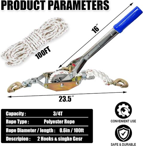 3/4 Ton Rope Puller with 100ft of 0.6in Diameter Rope Come Along Winch 2 Hooks Heavy Duty Ratchet Power Puller Tool for Moving Boats and Trailers in Saudi Arabia