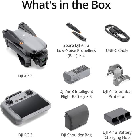 طائرة بدون طيار DJI Air 3 بدون طيار كوادكوبتر مع جهاز تحكم RC-N2 (بدون شاشة) وكاميرات أساسية مزدوجة عن بعد وواسعة الزاوية وأقصى وقت طيران يصل إلى 46 دقيقة، واستشعار العوائق، بدقة 48 ميجابكسل، وحزمة 4K/60 إطارًا في الثانية مع ملحقات معدات ديكو in Kuwait