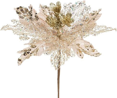 Briful 6PCS Poinsettias Christmas Tree Flowers 9.8'' Artificial Christmas Floral Picks and Sprays Large Champagne Silk Flowers with Stems for Xmas Home Vase Table Centerpiece Garland Decor in Kuwait
