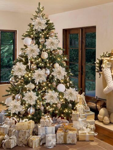 Briful 6PCS Poinsettias Christmas Tree Flowers 9.8'' Artificial Christmas Floral Picks and Sprays Large Champagne Silk Flowers with Stems for Xmas Home Vase Table Centerpiece Garland Decor in Kuwait