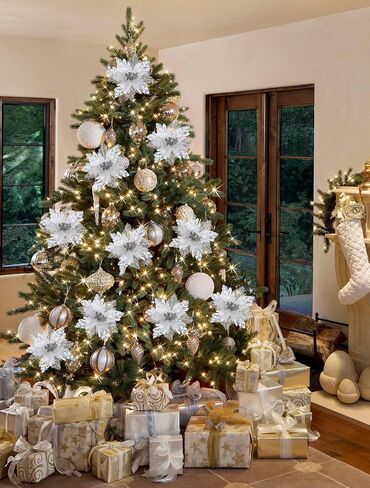 Briful 6PCS Poinsettias Christmas Tree Flowers 9.8'' Artificial Christmas Floral Picks and Sprays Large Champagne Silk Flowers with Stems for Xmas Home Vase Table Centerpiece Garland Decor in Kuwait