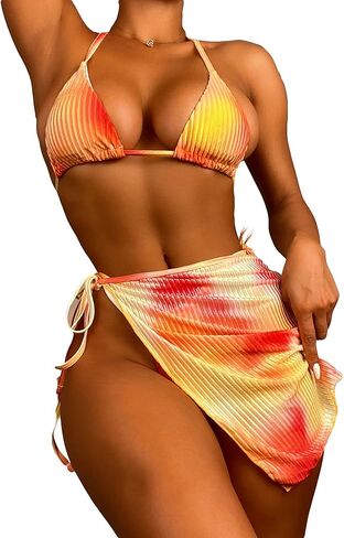 OYOANGLE Women's 3 Pieces Swimsuit Beach Bikini Set with Cover Up Skirt Set Swimwear in Saudi Arabia