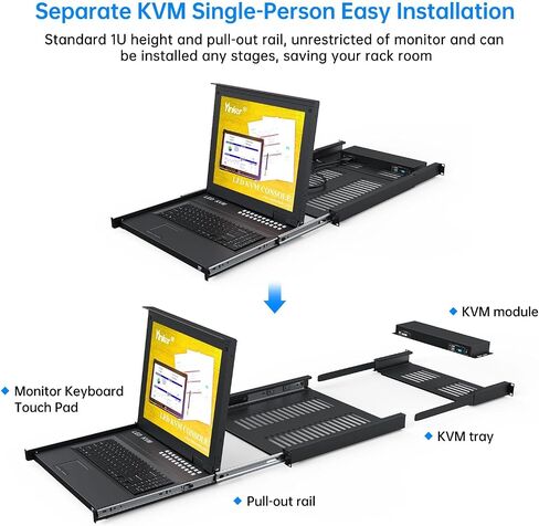 وحدة تحكم KVM LCD مثبتة على 8 منافذ، محول Yinker VGA KVM مع شاشة LCD مقاس 15.6 بوصة، تناسب خزانة خادم الشبكة بعمق 600 مم مع حامل لوحة اللمس ودرج لوحة المفاتيح KVM مقاس 1U 19 بوصة in Kuwait