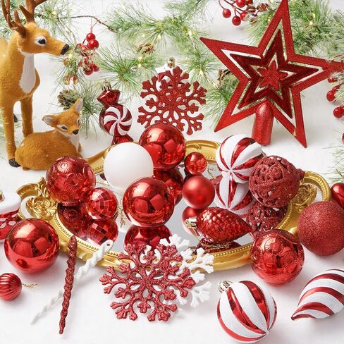 Christmas Tree Decorations - 128 Pcs Christmas Tree Ball Ornaments Set, Shatterproof Plastic Red Christmas Ball Ornaments for Christmas Tree Decor Holiday Wedding Party Decorations in Saudi Arabia