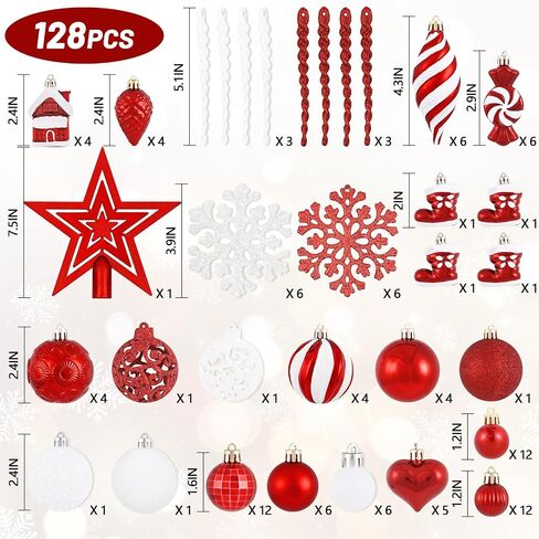 Christmas Tree Decorations - 128 Pcs Christmas Tree Ball Ornaments Set, Shatterproof Plastic Red Christmas Ball Ornaments for Christmas Tree Decor Holiday Wedding Party Decorations in Saudi Arabia