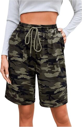 Women's Camo Print Drawstring Waist Shorts Casual Wide Leg Bermuda Shorts Track Shorts with Pocket in Saudi Arabia