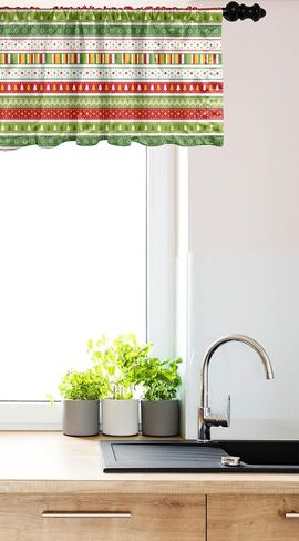 Ambesonne Christmas Window Valance Pack of 2, Traditional Winter Seasonal Borders Stars Bells Trees Stripes Print, Rod Pocket Curtain Valances for Kitchen Bedroom, 54" X 12", Lime Green in Saudi Arabia