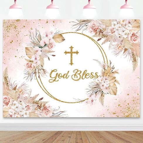 Mocsicka Boho God Bless Backdrop Baptism Bohemian Pampas Grass Blush Baby Shower Party Decorations Photo Backdrops Boho Floral First Holy Communion Christening Photography Background (5x3ft) in Saudi Arabia