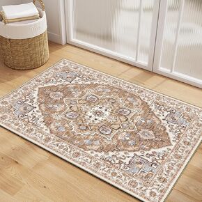 ROCYJULIN 5x7 Area Rugs for Living Room, Faux Wool Area Rugs 5x7 for Bedroom, Low-Pile 5x7 Area Rugs with Non-Slip TPR Backing, 5 x 7 Washable Carpet for High Traffic, Coffee & Cream