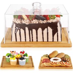 Square Cake Stand，Cake Stand with Dome，Square Cake Stand with Acrylic Lid Cover,Bamboo Cake Display Stand Cake Plate Cake Holder Cake Platter with Cover