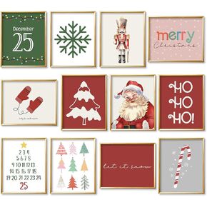 JarThenaAMCS 12Pcs Christmas Wall Art Prints Red & Green Boho Santa Xmas Tree Art Poster Winter Aesthetic Wall Decor for Gallery Living Room Bedroom (UNFRAMED)
