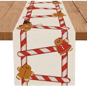 Christmas Table Runner Gingerbread Candy Cane Burlap Table Decoration Winter Xmas Holiday Home Party Kitchen Dining Table Supplies 13x72 Inch