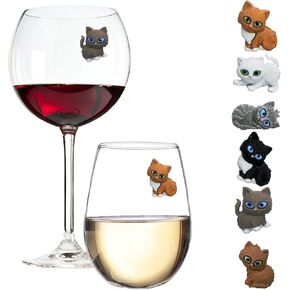 Cat Wine Charms or Drink Glass Markers - Magnetic - Great Birthday or Hostess Gift for Cat Lovers - Set of 6 Cute Kitty Glass Identifiers