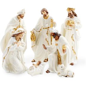 Fonder Mols Nativity Resin Sets Holy Family Statue for Christmas Tabletop Decoration Set of 7 Large